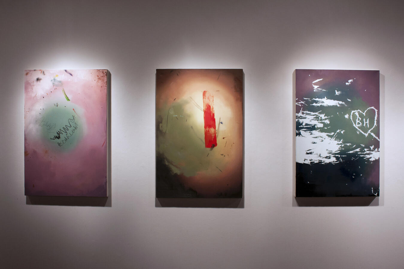 Left to right: "III" Oil on canvas. 36 x 24 inches. 2014, "II" Oil on canvas. 36 x 24 inches. 2014, "I" Oil on canvas. 36 x 24 inches. 2014.