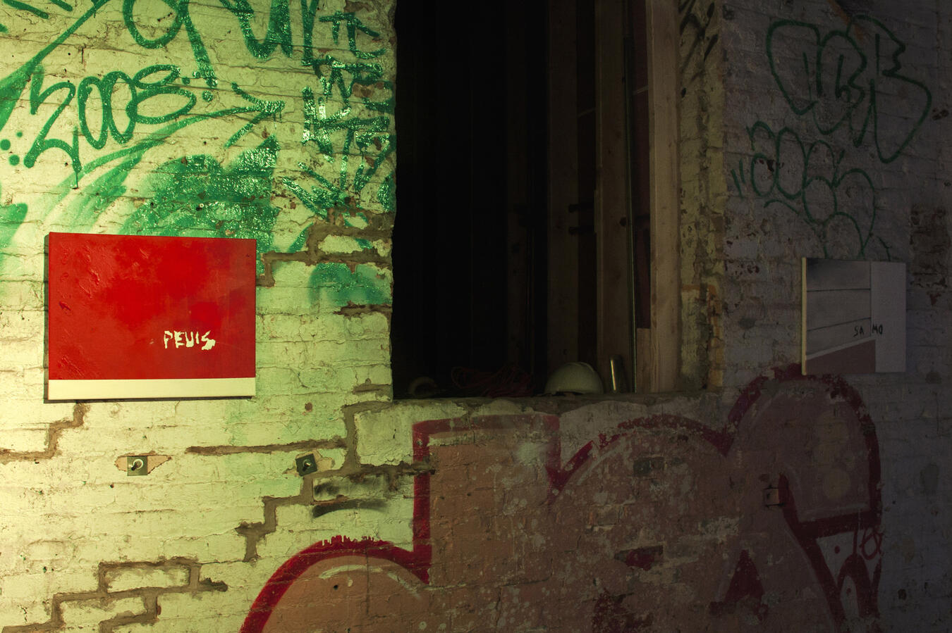 Left to right: &quot;PEVIS&quot; Oil and acrylic on canvas. 20 x 16 inches. 2014, &quot;SAMO&quot; Oil on canvas. 20 x 16 inches. 2014.