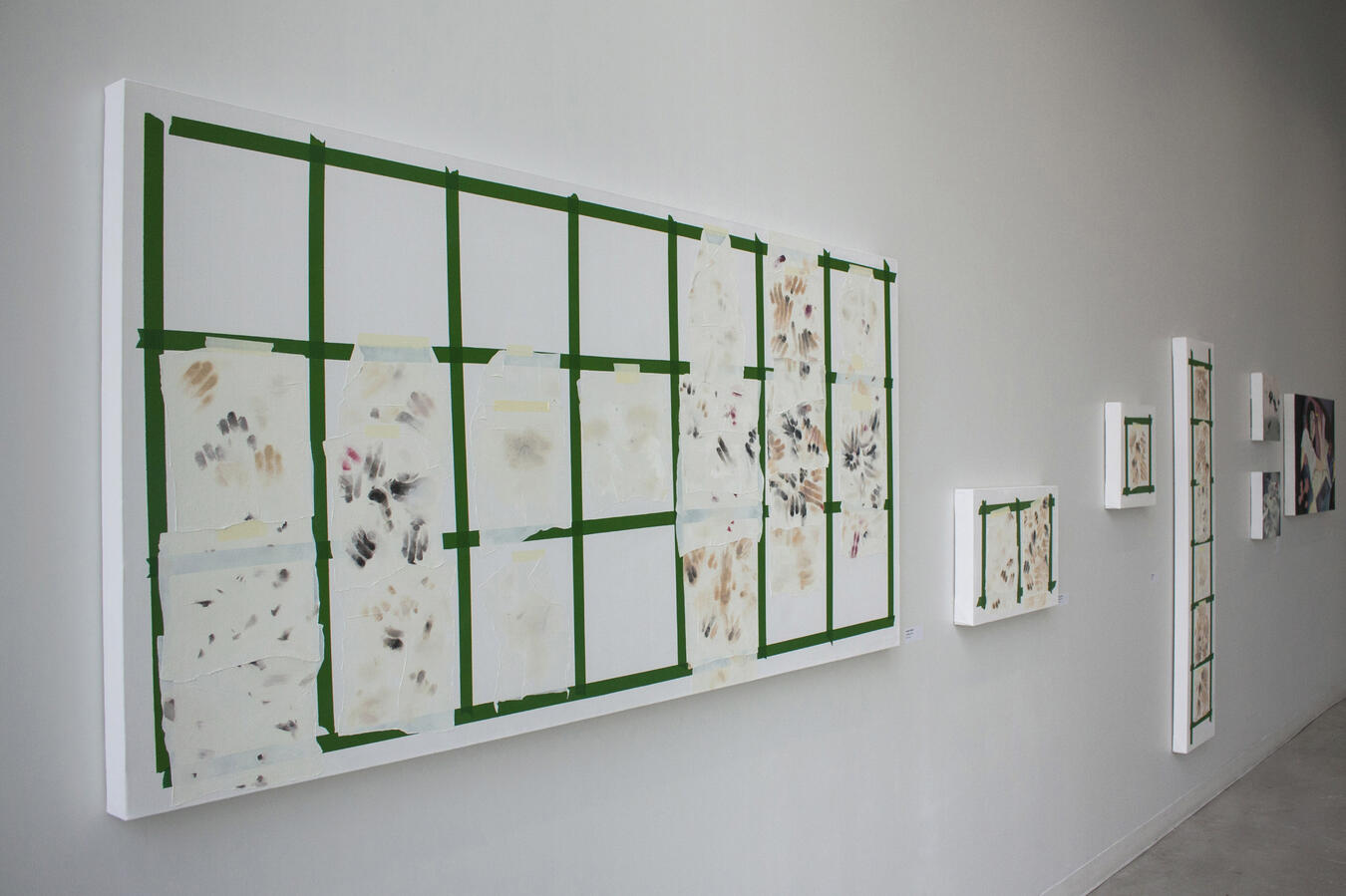 Left to right: "Two Weeks" 36 x 72 inches, "Twenty Sixteen/Twenty Seventeen" 14 x 22 inches, "Monday" 14 x 14 inches, “TGIF” 14 x 63 inches, "Cut" 12 x 12 inches, "Wipe" 12 x 12 inches, "Recline" 36 x 24 inches (all oil on canvas, 2016-2017).