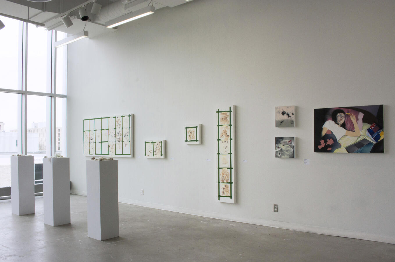 Left to right: "Two Weeks" 36 x 72 inches, "Twenty Sixteen/Twenty Seventeen" 14 x 22 inches, "Monday" 14 x 14 inches, “TGIF” 14 x 63 inches, "Cut" 12 x 12 inches, "Wipe" 12 x 12 inches, "Recline" 36 x 24 inches (all oil on canvas, 2016-2017).