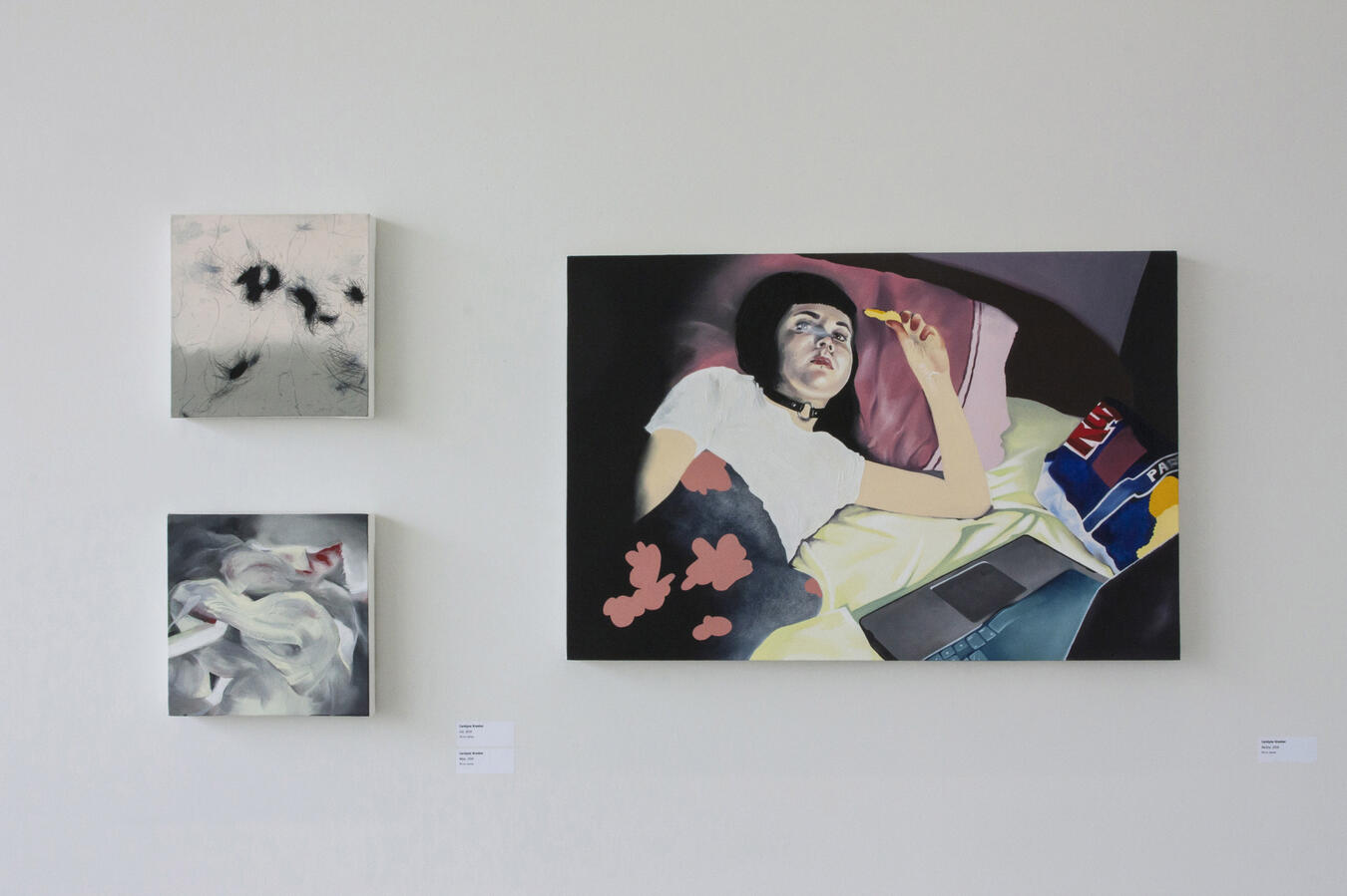 "Cut" Oil on canvas. 12 x 12 inches. 2016, "Wipe" Oil on canvas. 12 x 12 inches. 2016, "Recline" Oil on canvas. 36 x 24 inches. 2016.