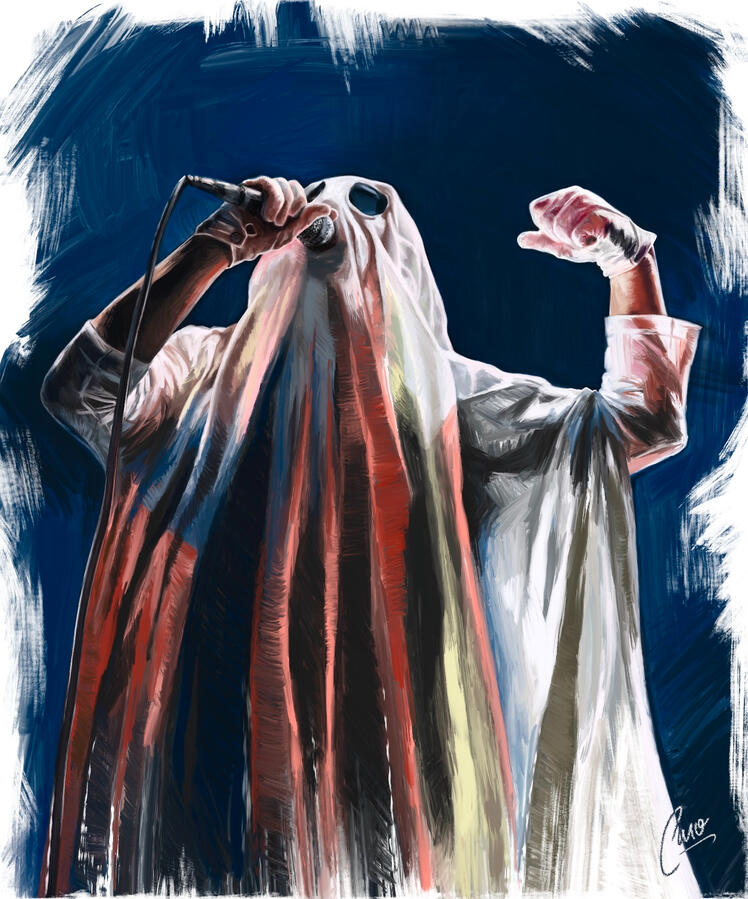 "Gerard Way" Digital painting. 2023. Based on a photograph by Sidney Chansamone for Punkaganda Press.