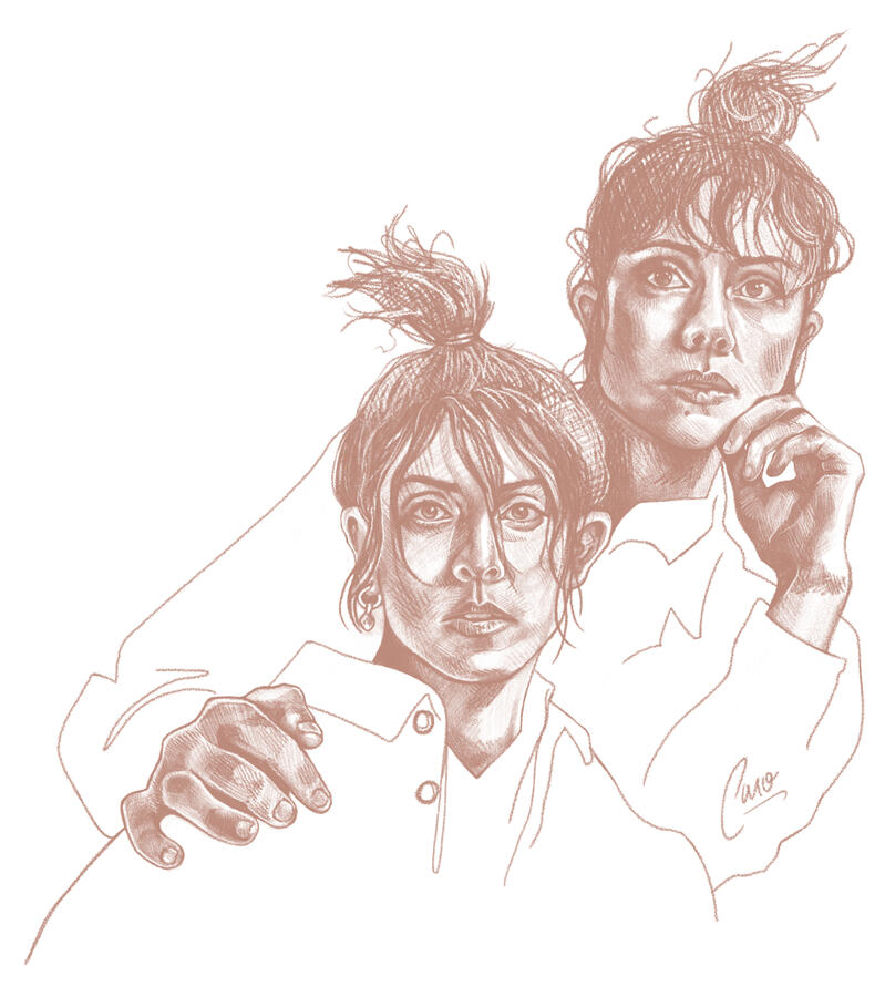 "Tegan & Sara" Digital drawing. 2023. Based on a photograph by Eluvier Acosta.