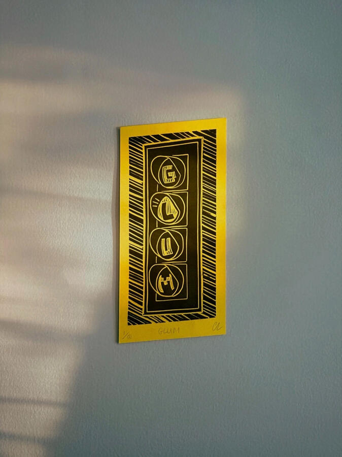 "Glum" Block print on paper. 6.75 x 3.5 inches. 2026.