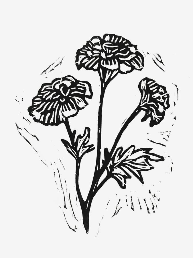 "Marigolds" Block print on paper. 2025.