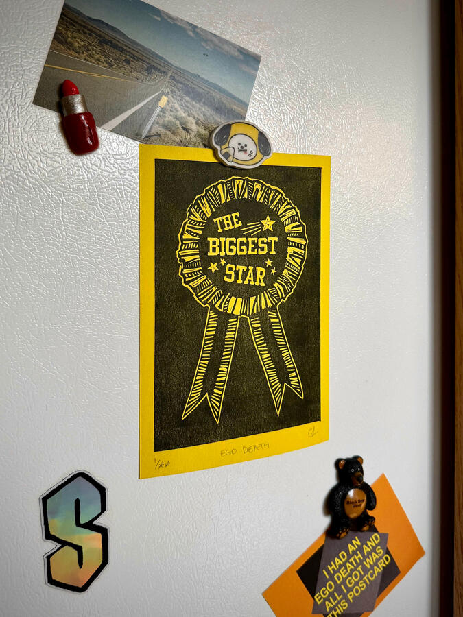 "Biggest Star" Block print on paper. 9 x 6 inches. 2026.