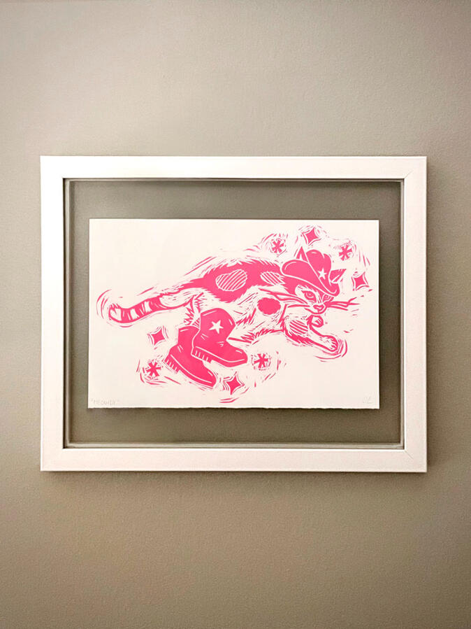 "Meowdy" Block print on paper. 5.5 x 8.5 inches. 2025.